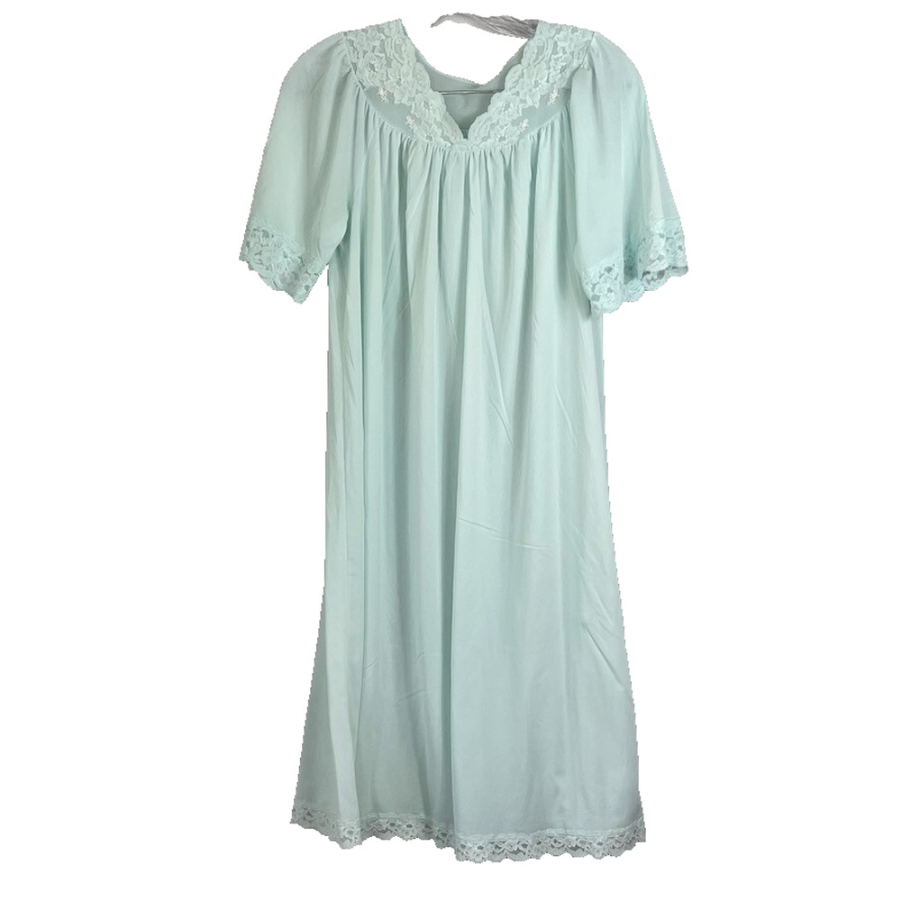 Shadowline Nightgown womens Small Blue Sheer Slip Dress Knee Length Lace Vintage
